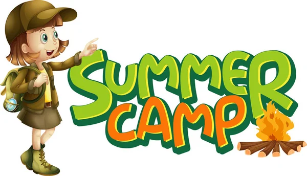 Projektowanie Czcionki Dla Word Summer Camp Girl Campfire Illustration — Wektor stockowy