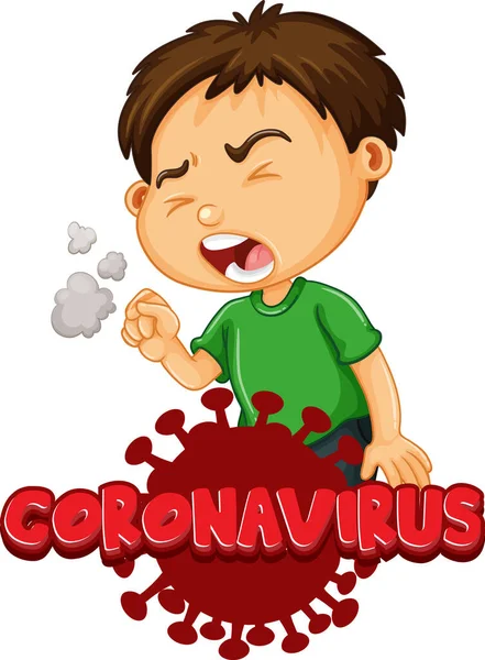 Дизайн Шрифта Слова Coronavirus Иллюстрацией Кашля Мальчика — стоковый вектор