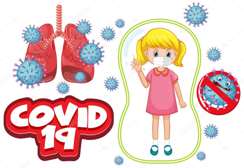 Coronavirus poster design with sick girl wearing mask illustration
