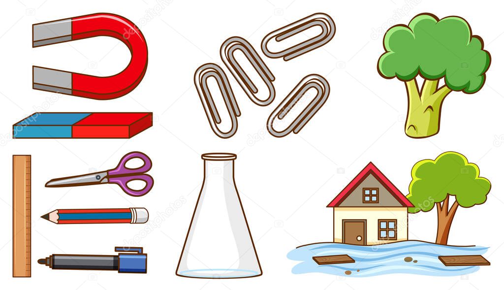 Large set of different stationaries and other items on white background illustration