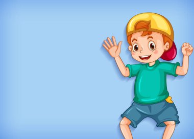 Arka plan şablonu tasarımı, mutlu çocuk el sallıyor.
