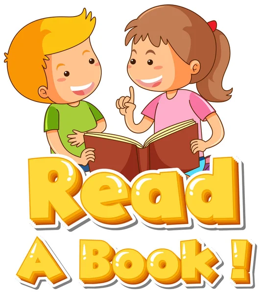 Font Design Parola Leggere Libro Con Due Bambini Lettura Illustrazione — Vettoriale Stock