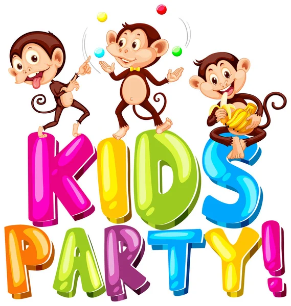 Font Design Word Kids Party Happy Monkeys Playing Illustration — Stock Vector