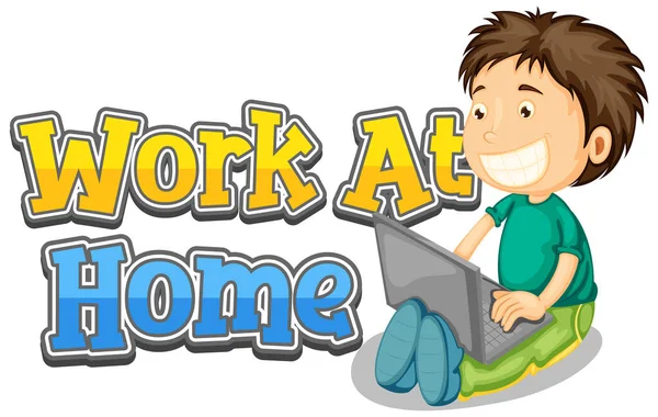 家での単語の仕事のためのフォントデザインコンピュータイラストの幸せな男の子と — ストックベクタ