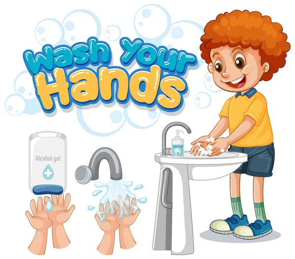 Handen Poster Ontwerp Met Jongen Wassen Handen Illustratie — Stockvector