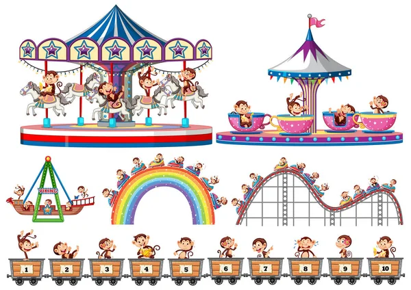 Набор Счастливых Обезьян Катающихся Различных Аттракционах Цирковой Иллюстрации — стоковый вектор
