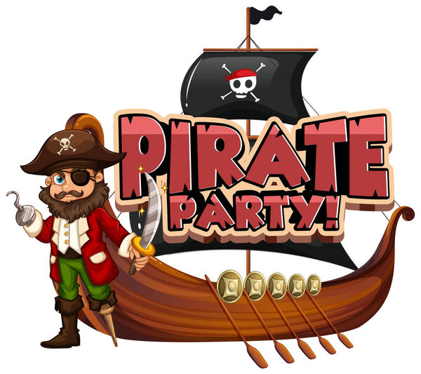 Font design for word pirate party with pirate and ship illustration