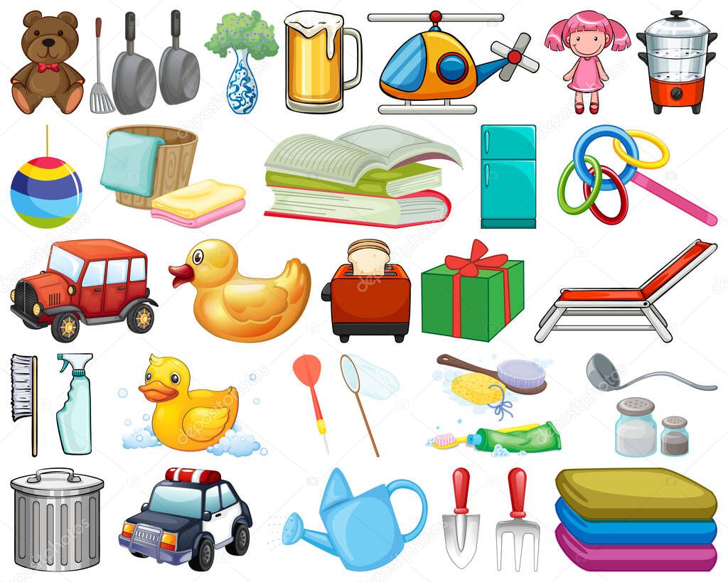 Large set of household items and many toys on white background illustration