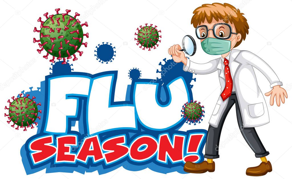 Font design for word flu season with doctor and virus cell illustration