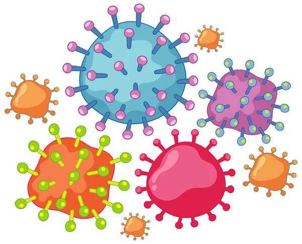 Viele Viruszellen Mit Beängstigendem Gesicht Auf Weißem Hintergrund — Stockvektor