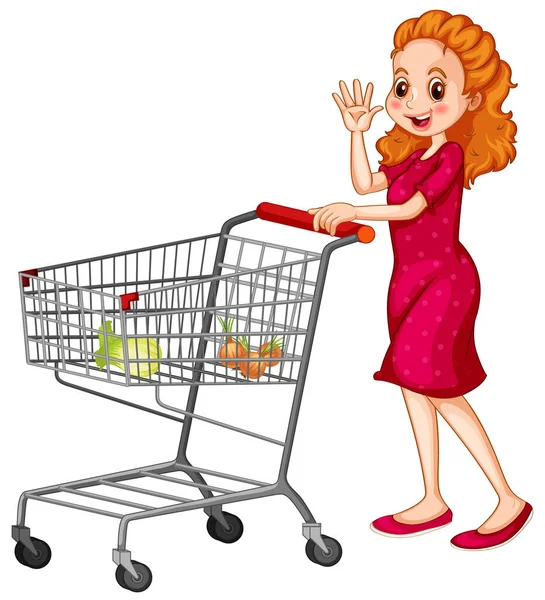 Woman Pushing Shopping Cart White Background Illustration — Stock Vector