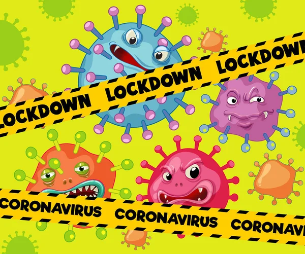 ウイルス細胞イラスト付き単語ロックダウンのためのコロナウイルスポスターデザイン — ストックベクタ