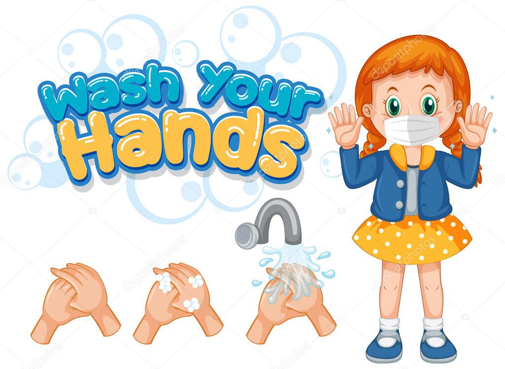 Coronavirus poster design for wash your hands with girl wearing mask illustration