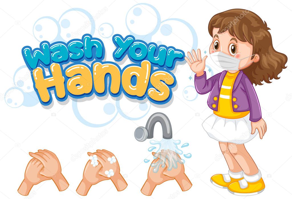 Wash your hands font design with girl wearing mask illustration