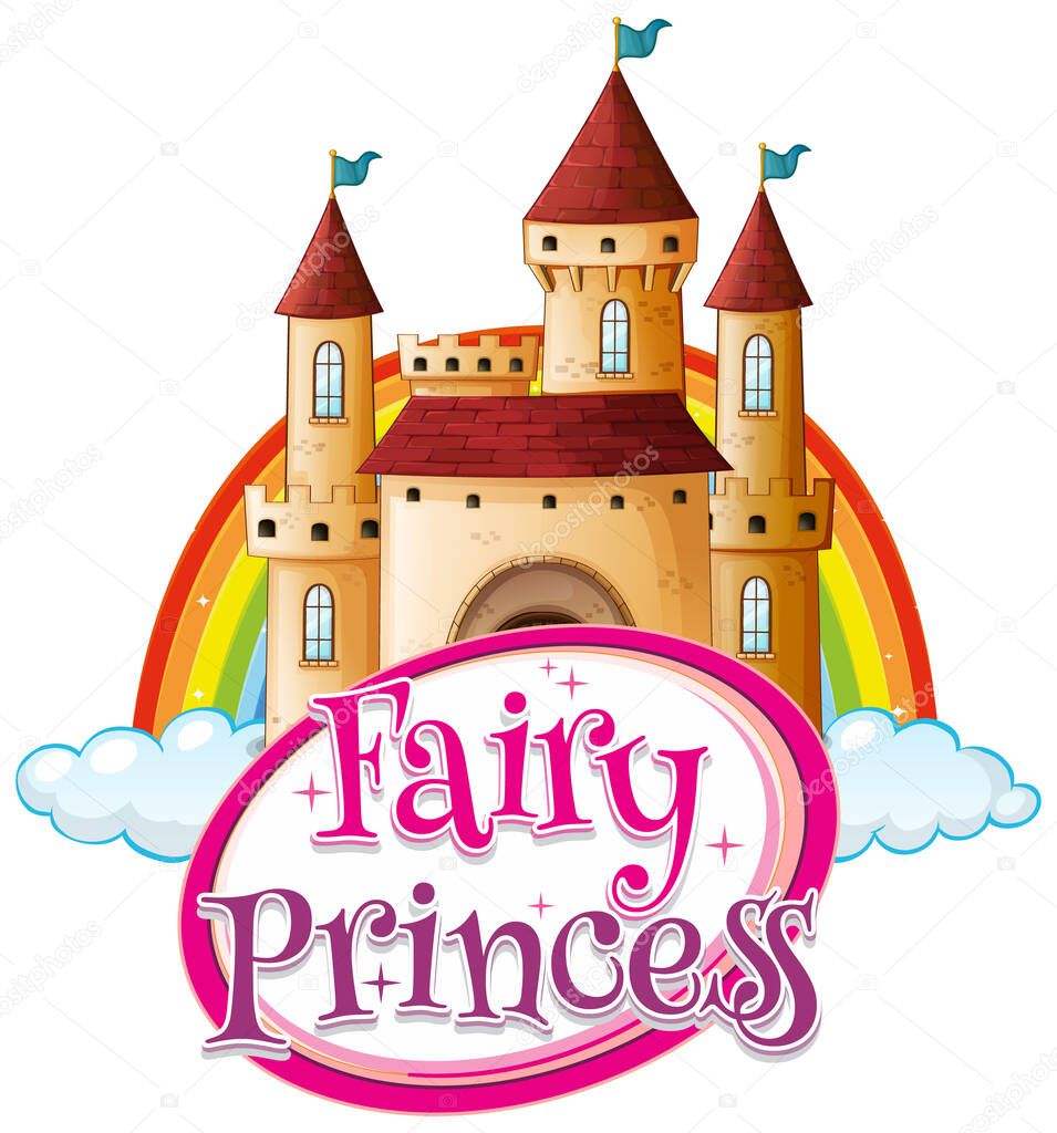 Font design for word fairy princess with big castle on the clouds illustration