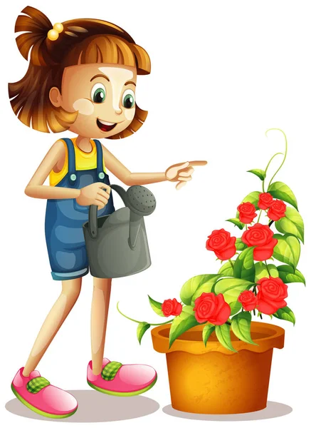 Joyeux Fille Arrosage Roses Dans Jardin Illustration — Image vectorielle