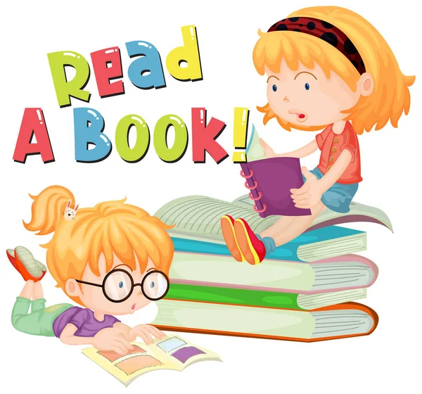 短语字体设计阅读带有儿童阅读插图的书籍 — 图库矢量图片