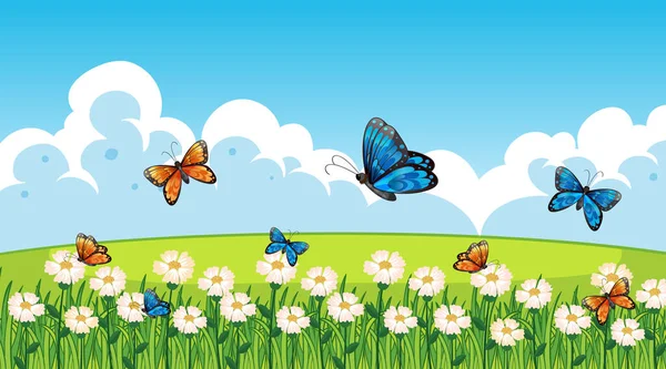 Fondo Escena Naturaleza Con Mariposas Volando Ilustración Jardín — Vector de stock