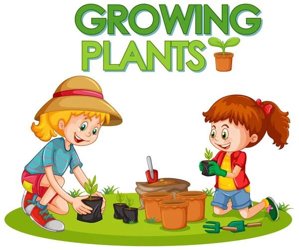 Plakatentwurf Für Den Pflanzenanbau Mit Zwei Mädchen Garten — Stockvektor