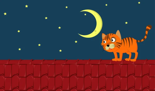 Scene Ginger Cat Standing Roof Night Illustration — Stock Vector
