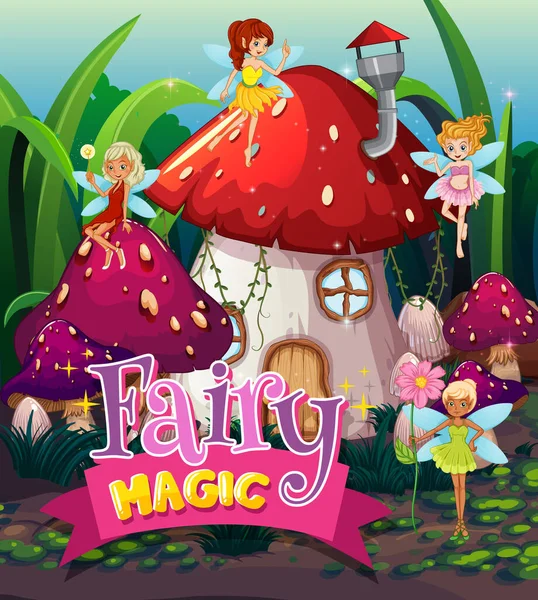 Font Design Word Fairy Magic Fairy Flying Garden Illustration — стоковый вектор