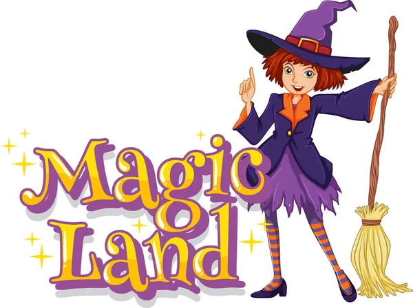 Font Design Word Magic Land Witch Holding Broom Illustration — Stock Vector