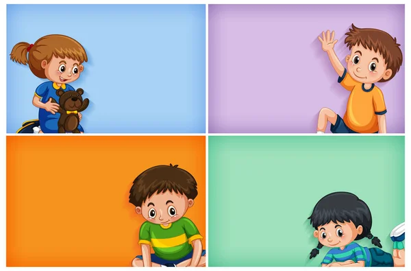 男の子と女の子のイラストと4つの背景テンプレートのデザイン — ストックベクタ