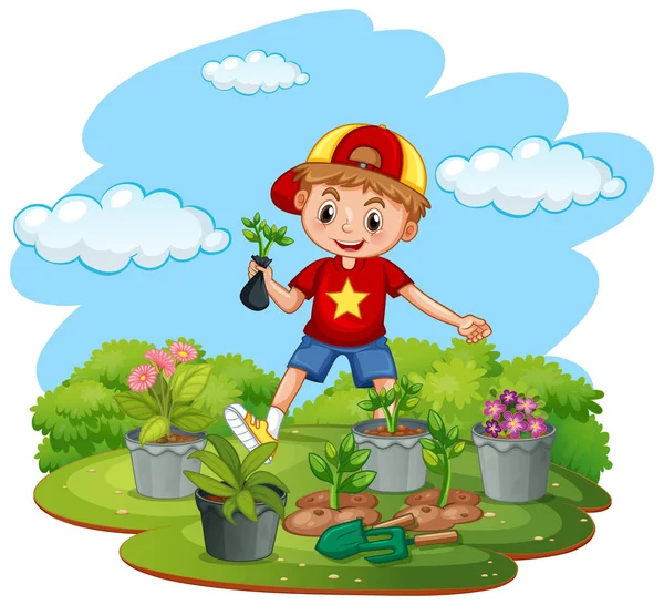 Scena Con Bambino Piantare Alberi Nel Giardino Illustrazione — Vettoriale Stock