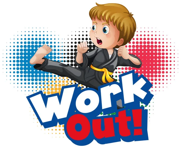 Projektowanie Czcionki Dla Word Work Out Kid Doing Exercise Illustration — Wektor stockowy