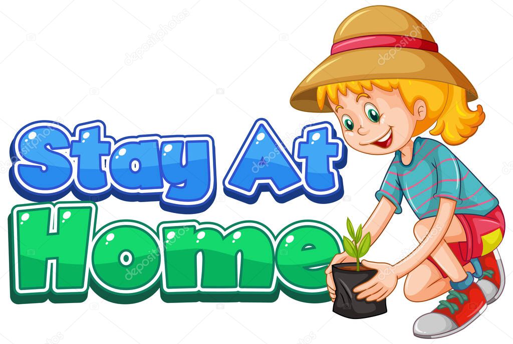 Font design for work at home with girl planting tree illustration