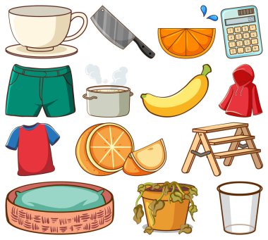 Beyaz arkaplan illüstrasyonunda geniş yiyecek ve diğer ögeler