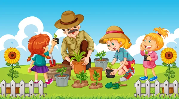 Scena Con Bambino Piantare Alberi Nel Giardino Illustrazione — Vettoriale Stock