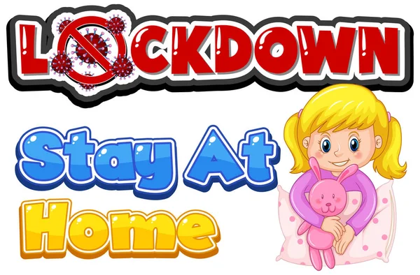 Desain Fonta Untuk Kata Lockdown Dengan Gadis Yang Tinggal Rumah - Stok Vektor