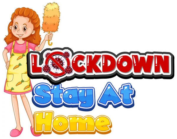 Font Design Word Lockdown Stay Home Girl Doing Chore Illustration — Stock Vector