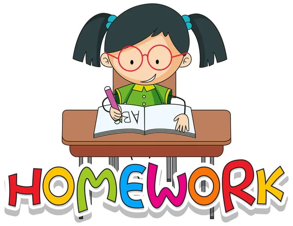 Font Design Word Homework Happy Girl Writing Her Book Illustration — Stock Vector