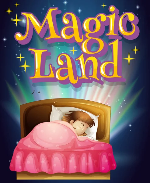 Projektowanie Czcionki Dla Word Magic Land Girl Dreaming Bed Illustration — Wektor stockowy