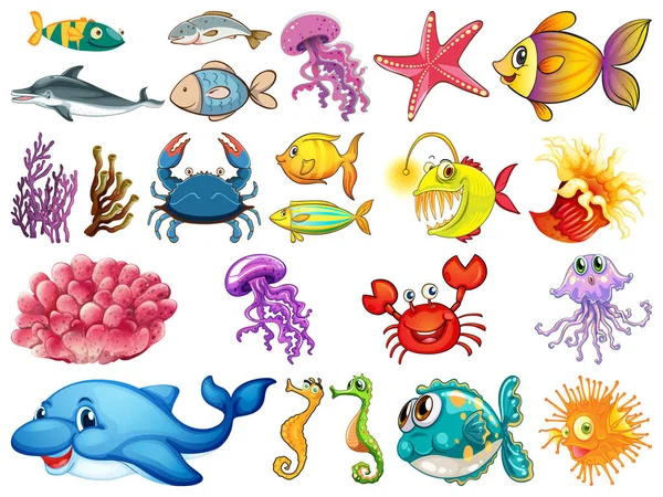 Large Set Sea Creatures White Background Illustration — Stock Vector