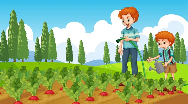 Escena Con Niños Plantando Árboles Jardín Ilustración — Vector de stock