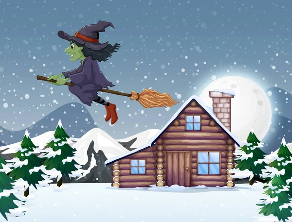绿色女巫在冬季飞行的场景 — 图库矢量图片