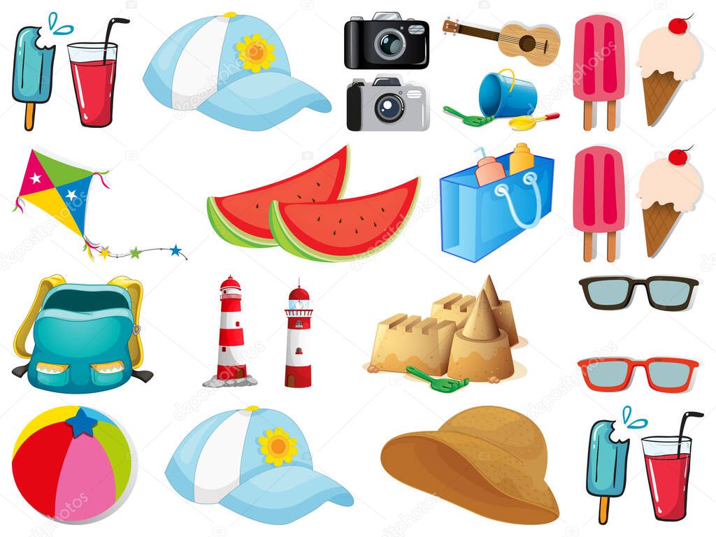 Large set of different summer objects on white background illustration