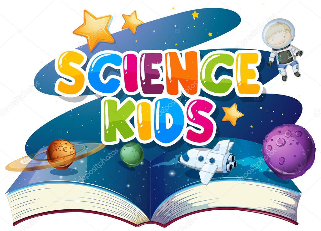 Font design for word science kids with book of solar system illustration