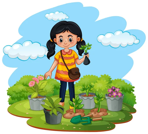 Escena Con Niños Plantando Árboles Jardín Ilustración — Archivo Imágenes Vectoriales