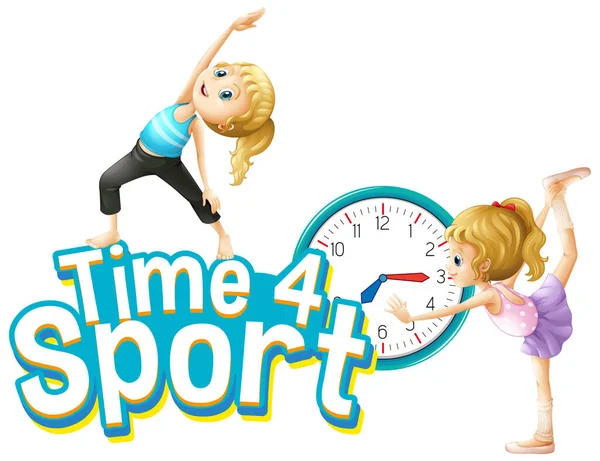 Font Design Word Time Sport Girls Doing Exercise Illustration — Stock Vector