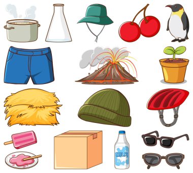 Beyaz arkaplan illüstrasyonunda geniş bir hayvan kümesi ve diğer nesneler