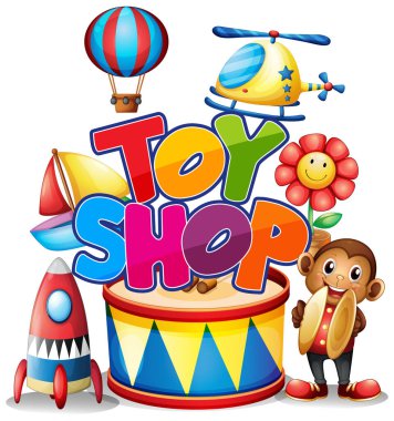 Mağazada bir sürü oyuncağı olan oyuncak mağazası için yazı tipi tasarımı