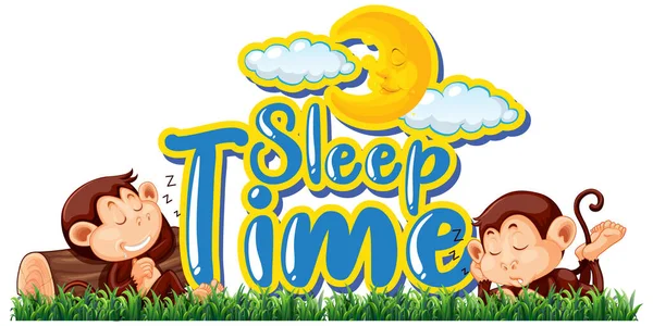 Font Design Word Sleep Time Two Monkeys Sleeping Park Illustration — Stock Vector