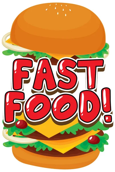 白い背景のイラストにハンバーガー付き単語ファーストフードのフォントデザイン — ストックベクタ