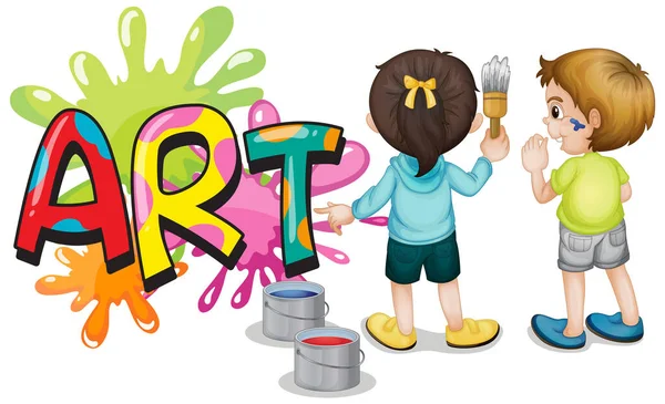 Font Design Word Art Two Kids Painting Wall Illustration — Stock Vector