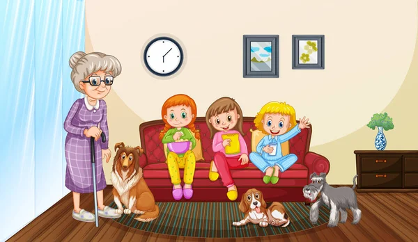 Scène Avec Des Personnes Restant Maison Avec Illustration Famille — Image vectorielle