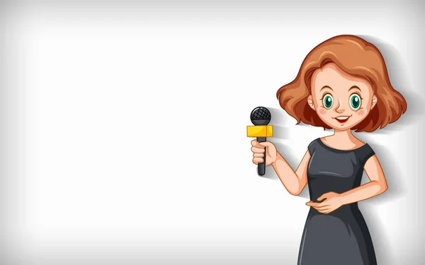 マイクイラストを語る女性記者と平面背景 — ストックベクタ